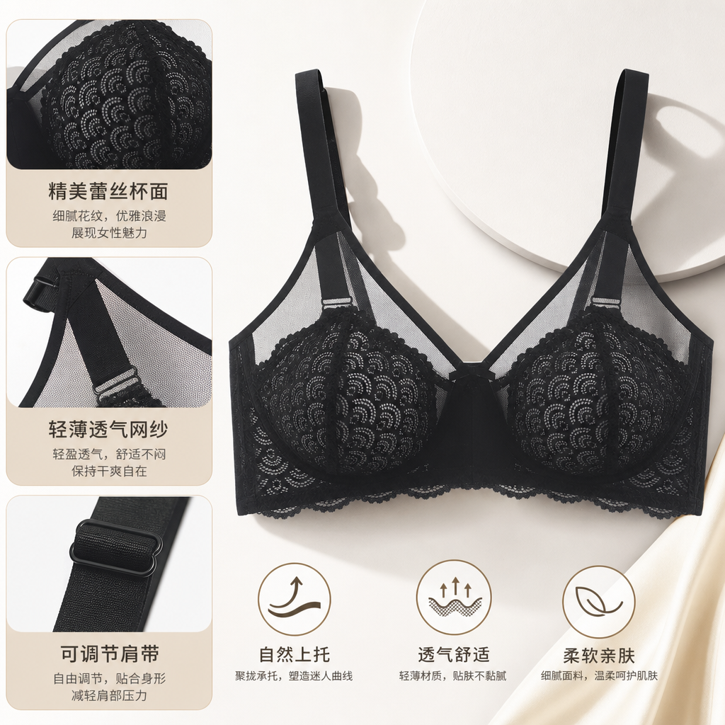 Black lace bra, a comfortable and breathable women's underwear without underwire