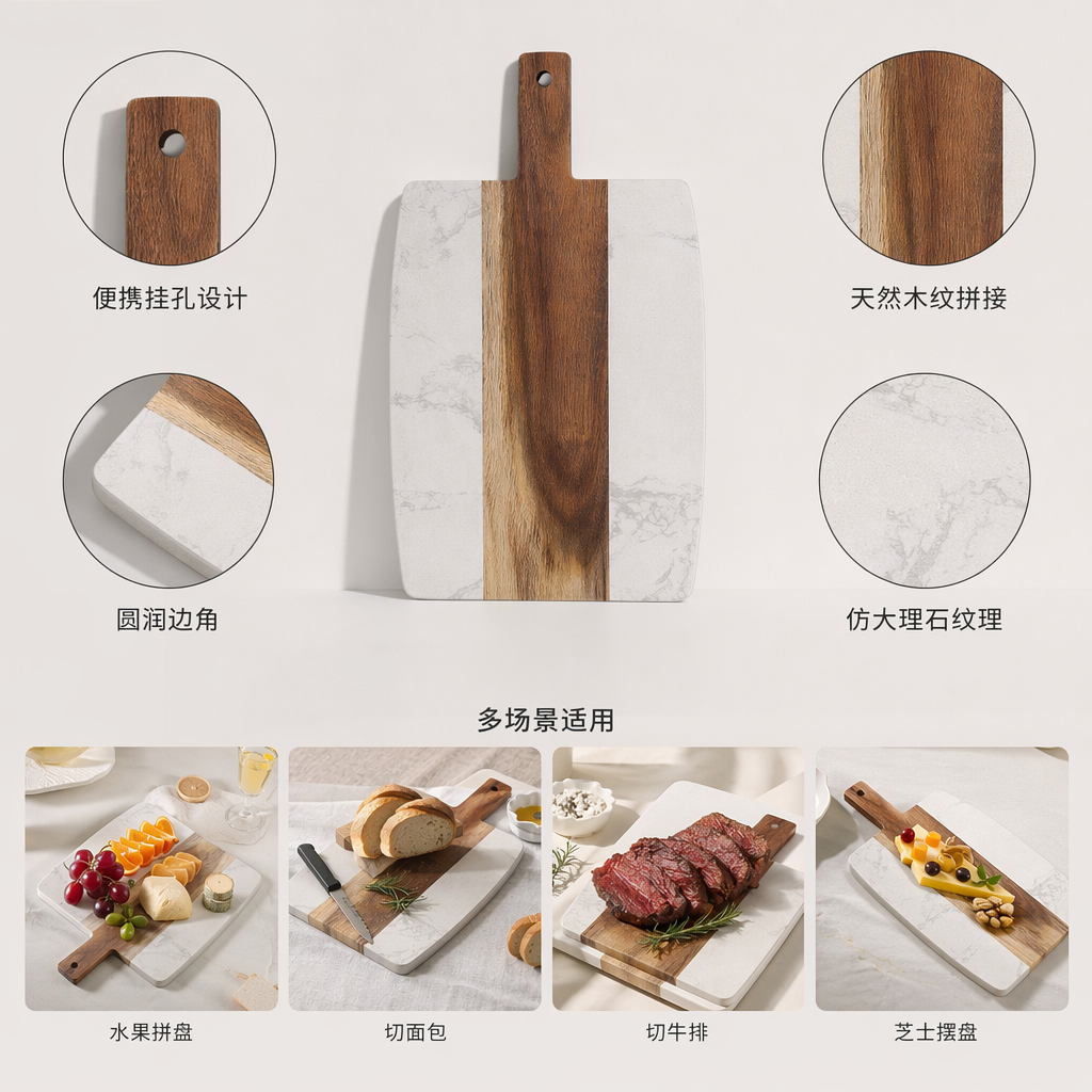 Thickened anti-slip kitchen cutting board with marble texture spliced wooden handle