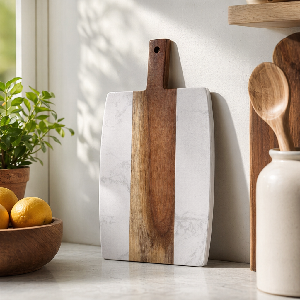 Thickened anti-slip kitchen cutting board with marble texture spliced wooden handle details Picture