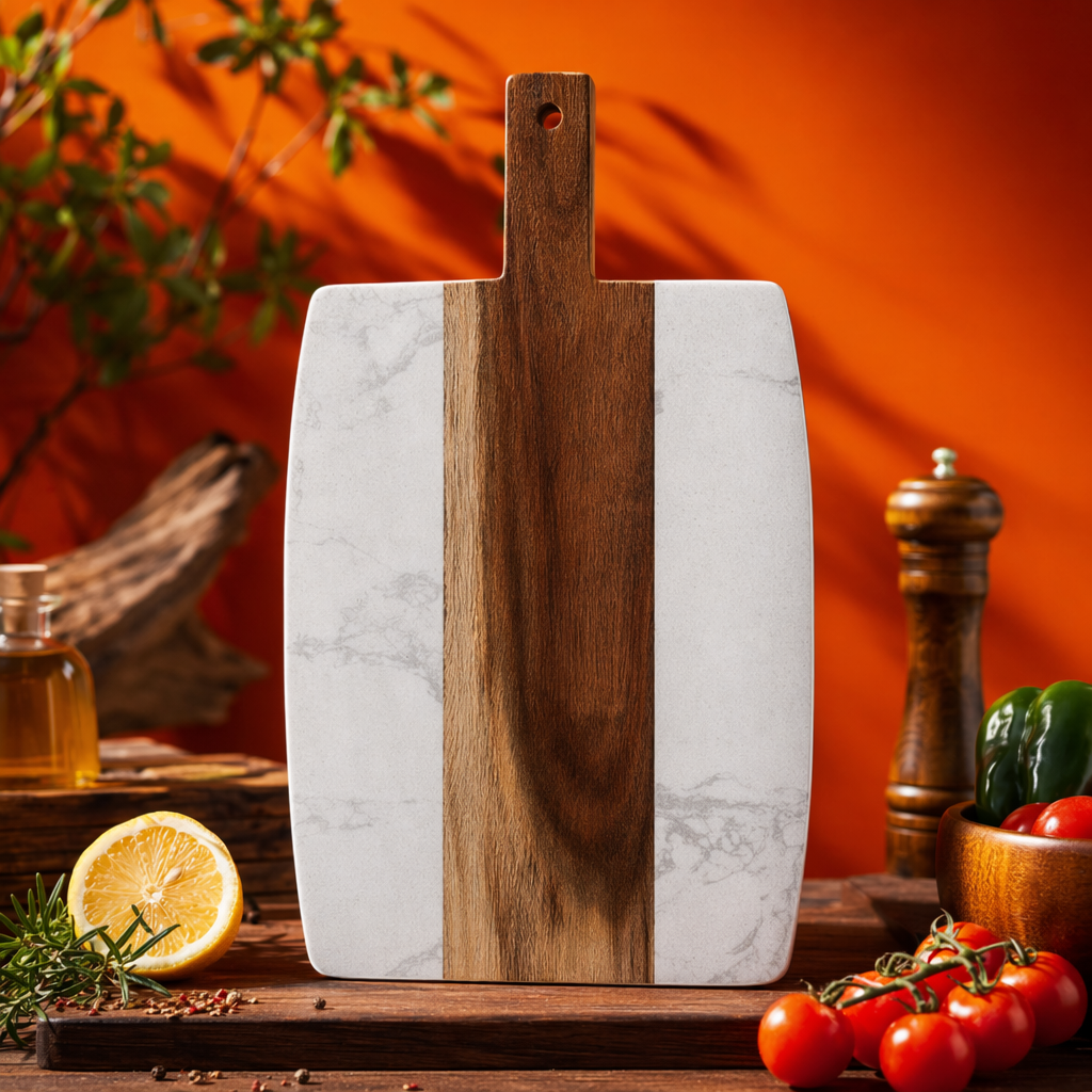 Thickened anti-slip kitchen cutting board with marble texture spliced wooden handle Specification image