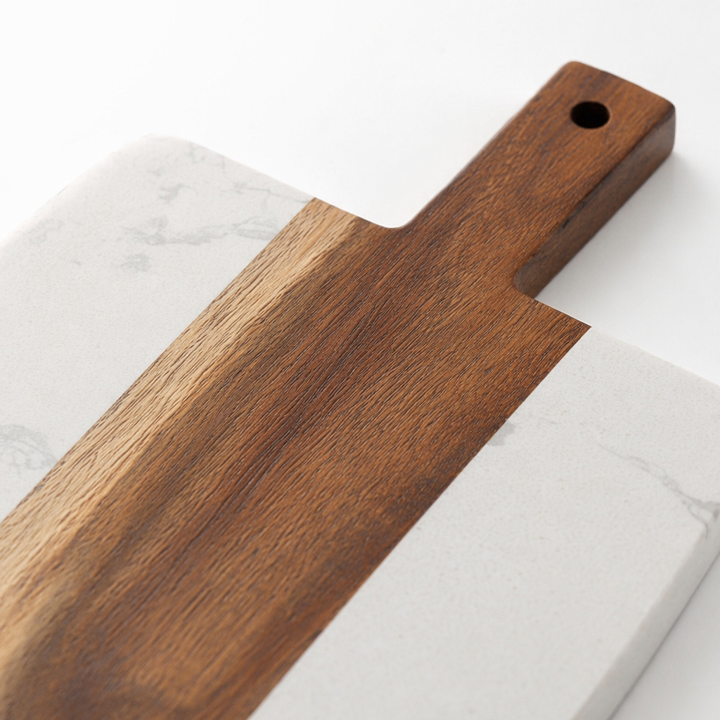 Thickened anti-slip kitchen cutting board with marble texture spliced wooden handle Application Scenario