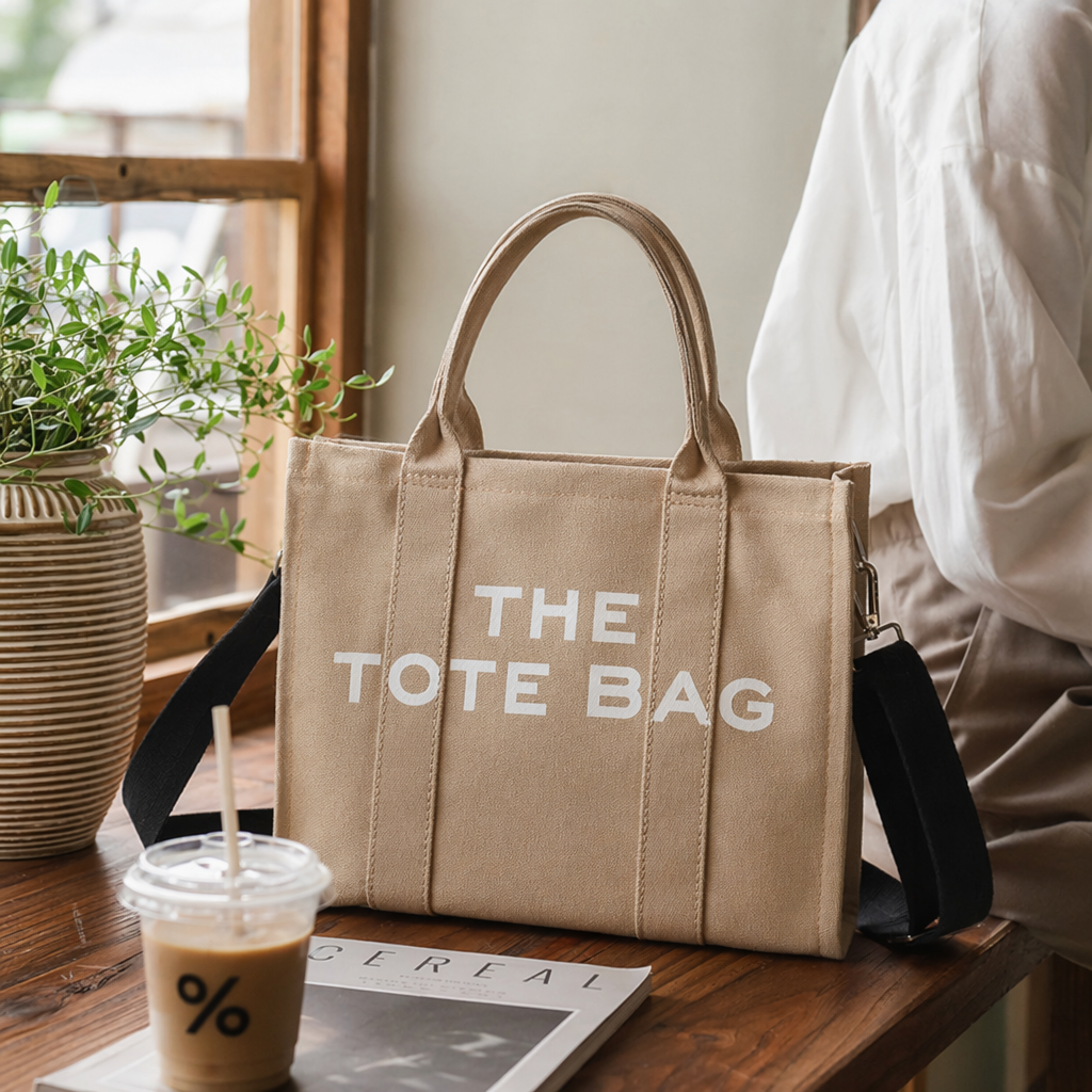 حقيبة قماش توت البيج مع حزام أسود قابل للفكّك مع شريط أبيض ل TTTBAG details Picture