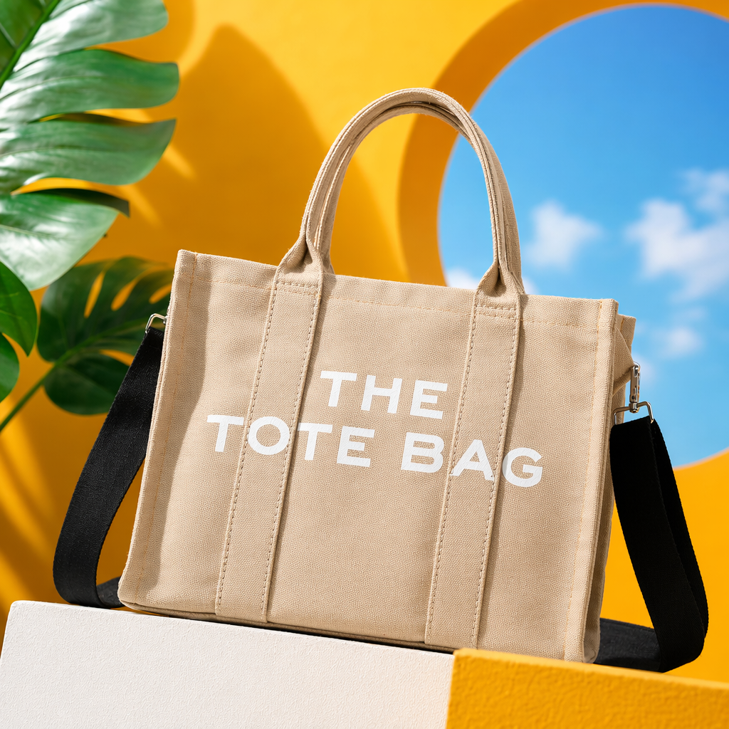 حقيبة قماش توت البيج مع حزام أسود قابل للفكّك مع شريط أبيض ل TTTBAG Specification image