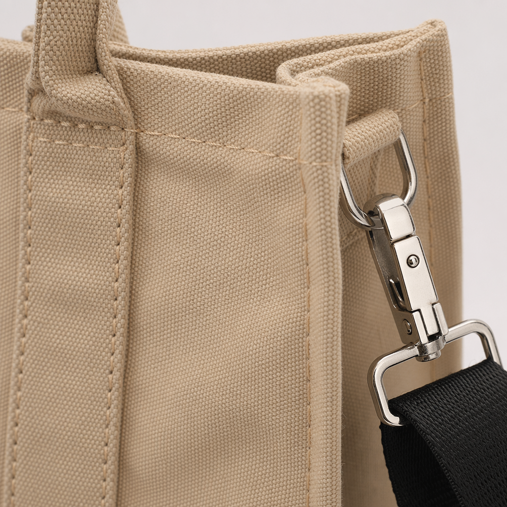 حقيبة قماش توت البيج مع حزام أسود قابل للفكّك مع شريط أبيض ل TTTBAG Application Scenario
