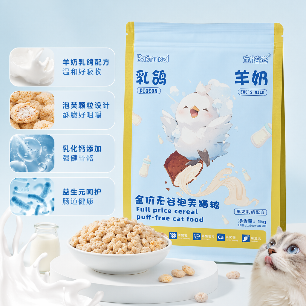 蓝白黄相间包装猫粮 高蛋白天然无谷成猫专用