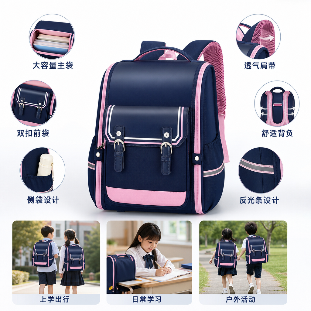深蓝色带粉色装饰儿童书包轻便耐磨小学生双肩包