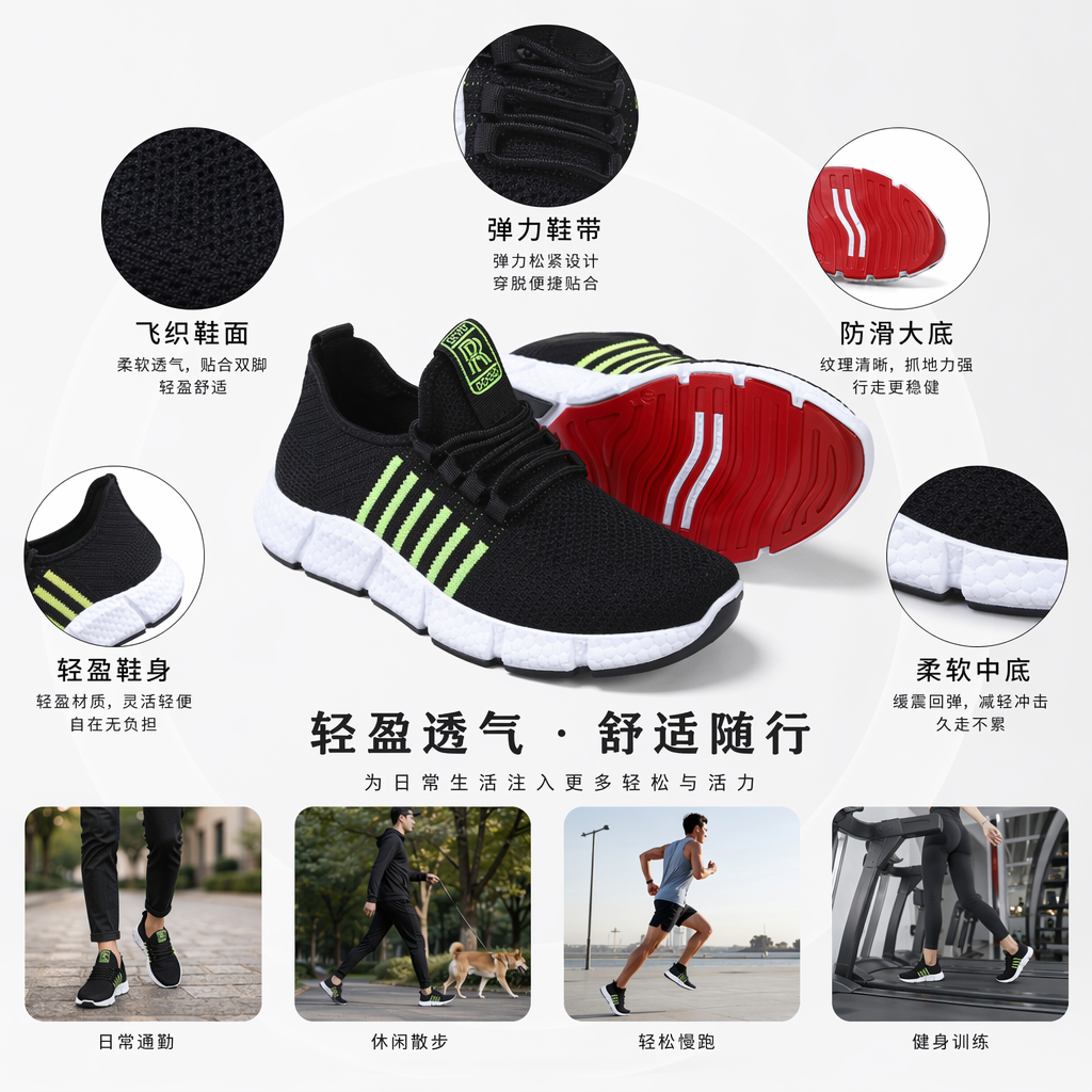 红黑配色黑色网眼运动鞋米色红色黑绿条纹红底