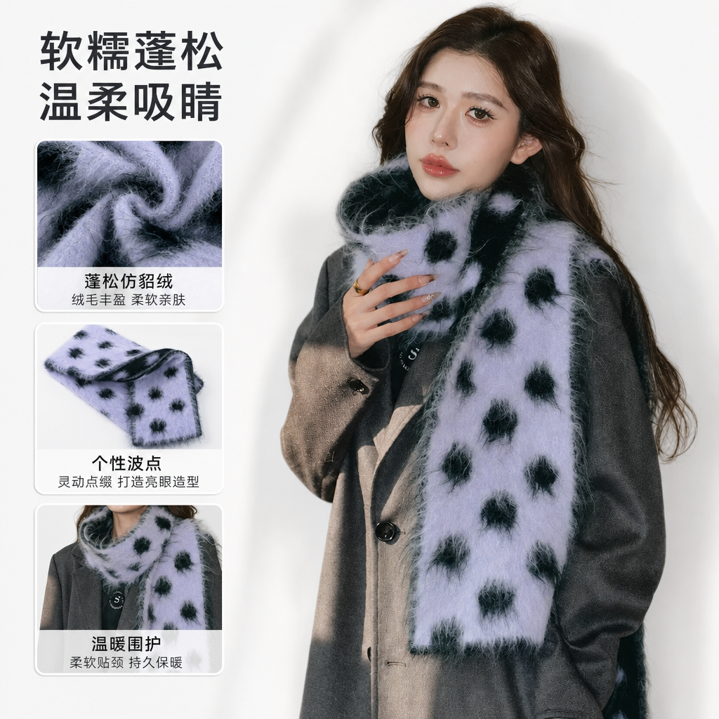 毛绒波点围巾女秋冬保暖时尚配饰女性模特同款