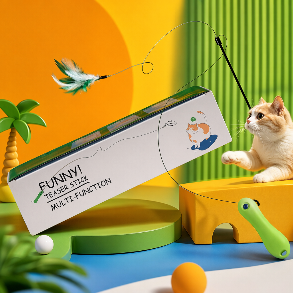 The white packaging box cat toy, a cat toy stick with a needle and fur design, is interactive and easy to hold, making it very fun to play with Specification image