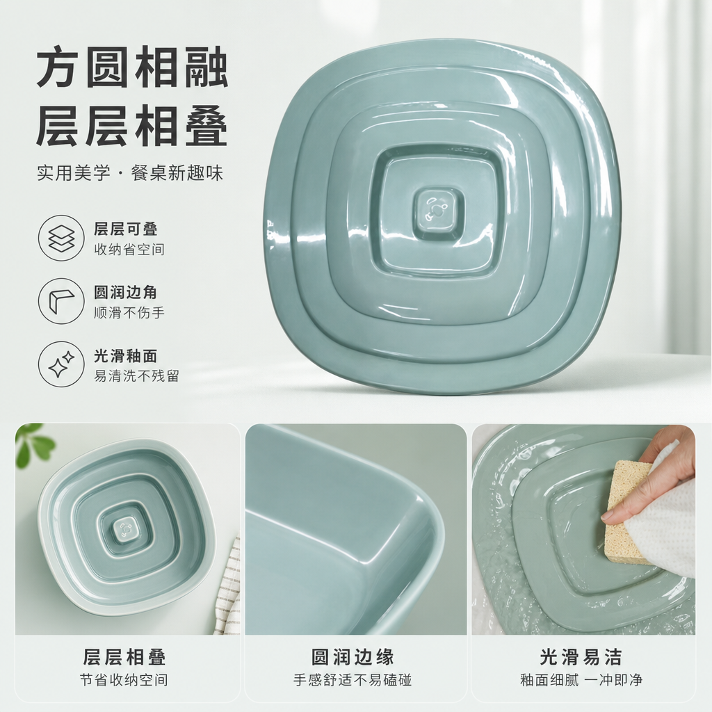 浅绿色方形叠层盖子 密封防漏厨房储物罐配件