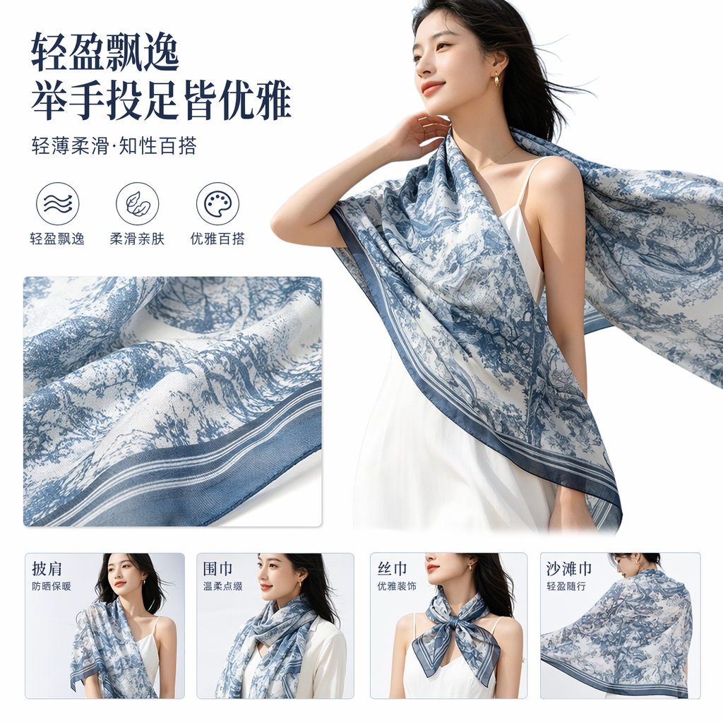 蓝白花纹桑蚕丝丝巾模特同款肩颈佩戴