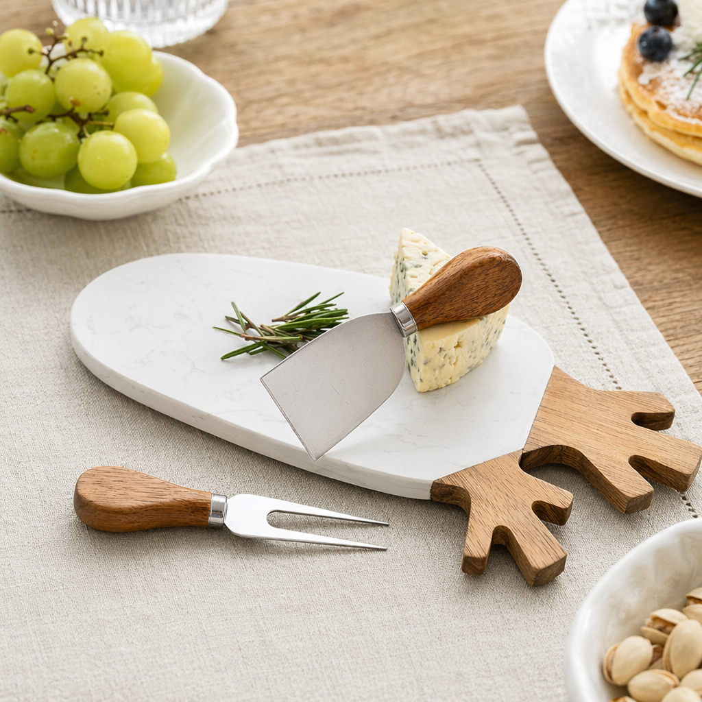 Custom-made white marble cutting board in the shape of radish, creative design of acacia wood splicing plating and cutting board, cheese cutting board details Picture