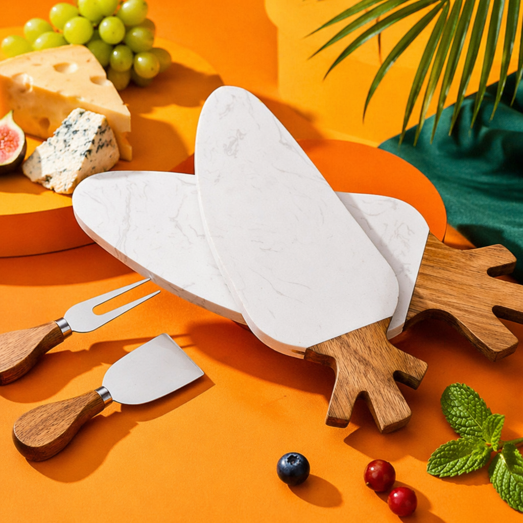 Custom-made white marble cutting board in the shape of radish, creative design of acacia wood splicing plating and cutting board, cheese cutting board Specification image