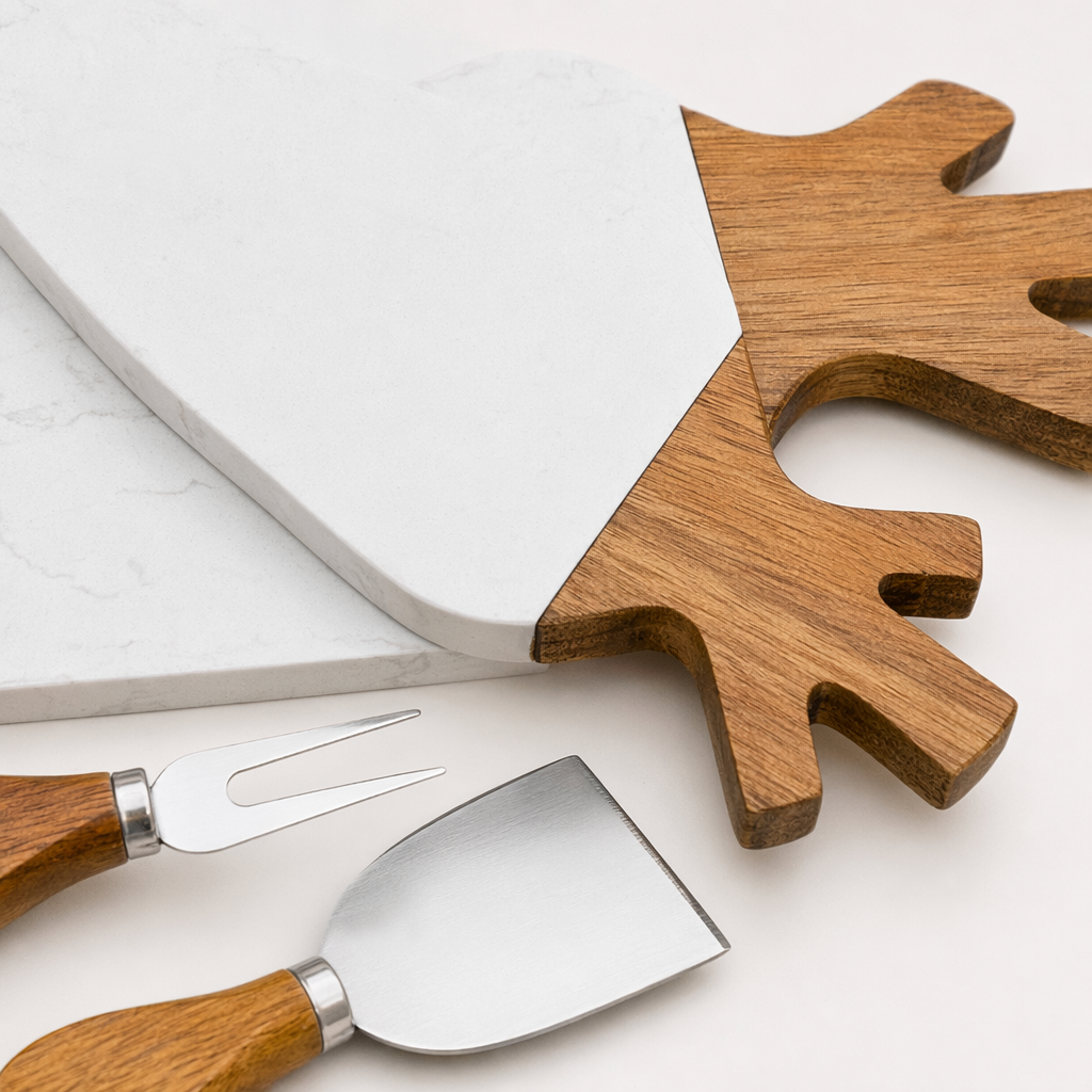 Custom-made white marble cutting board in the shape of radish, creative design of acacia wood splicing plating and cutting board, cheese cutting board Application Scenario