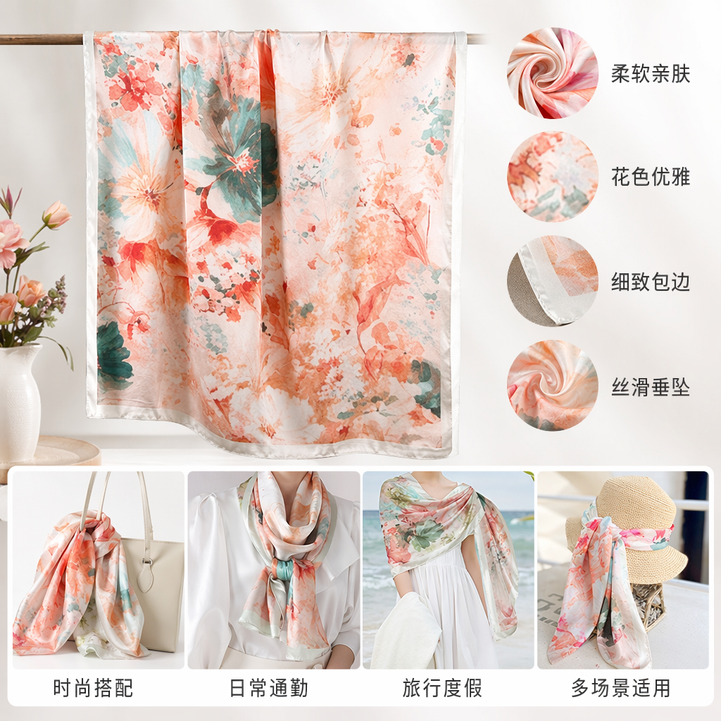 四款花卉图案丝质方巾 真丝丝巾春夏配饰轻奢小方巾