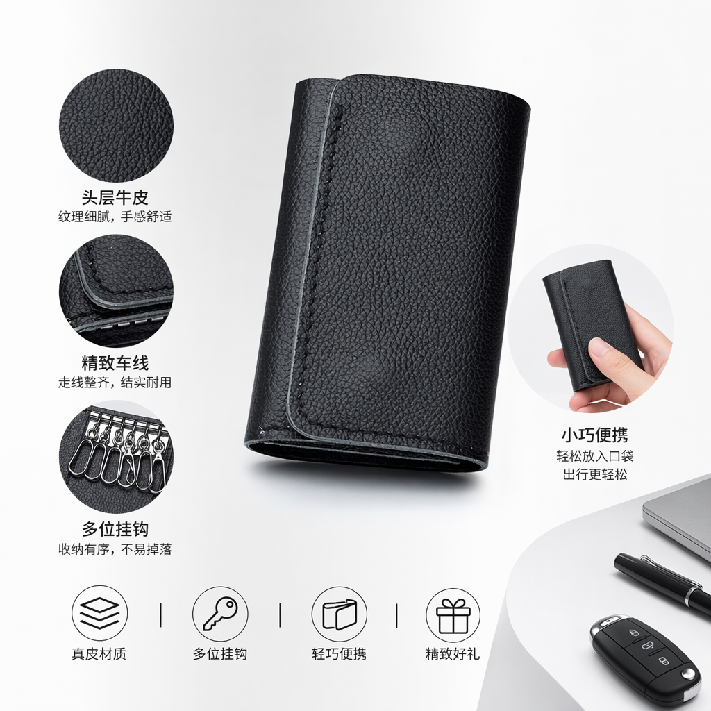 黑色纹理皮革钥匙包 防刮耐磨便携式车用家用钥匙收纳包