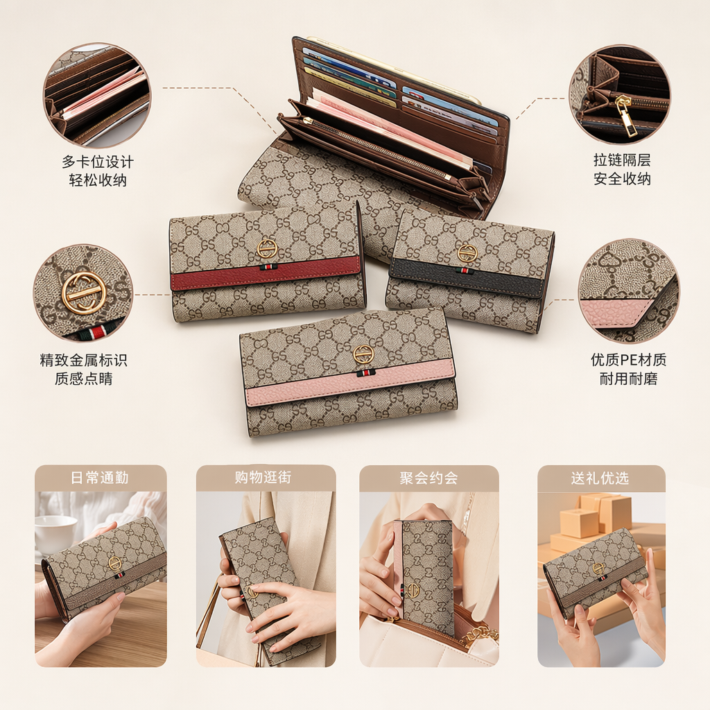 Beige heart-shaped printed long wallet with red, brown, black and pink four-color leather stripes and golden double G buckle