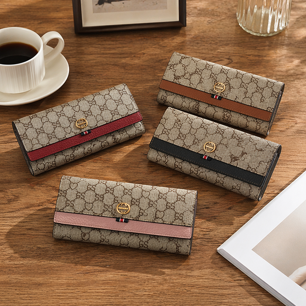 Beige heart-shaped printed long wallet with red, brown, black and pink four-color leather stripes and golden double G buckle details Picture