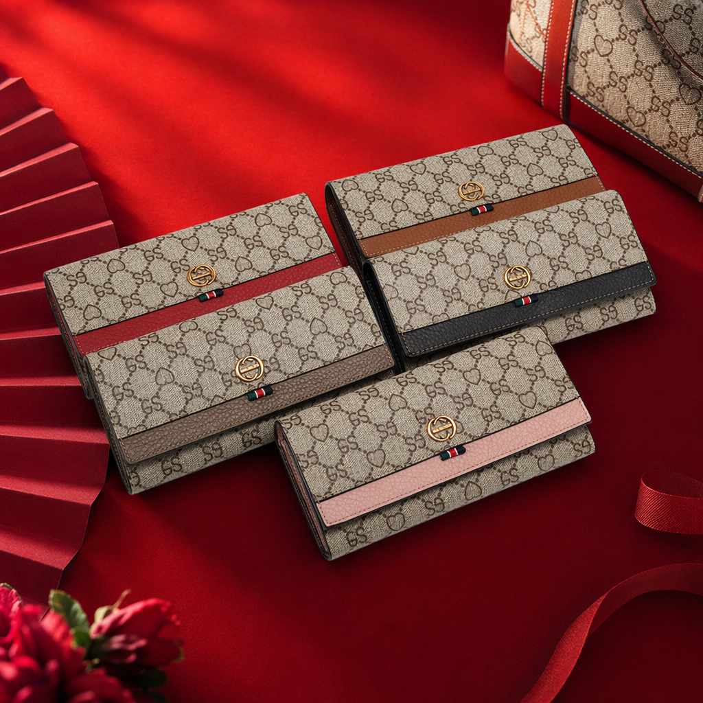 Beige heart-shaped printed long wallet with red, brown, black and pink four-color leather stripes and golden double G buckle Specification image