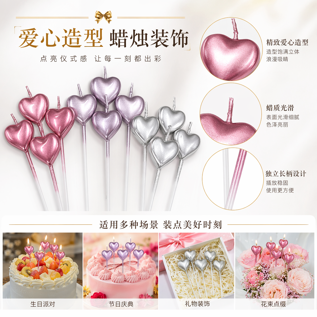 Three sets of heart-shaped birthday candles in pink, light purple and silver, with a "HappyBirthday" bow and plastic packaging