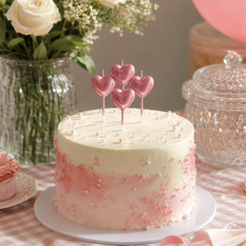 Three sets of heart-shaped birthday candles in pink, light purple and silver, with a "HappyBirthday" bow and plastic packaging details Picture