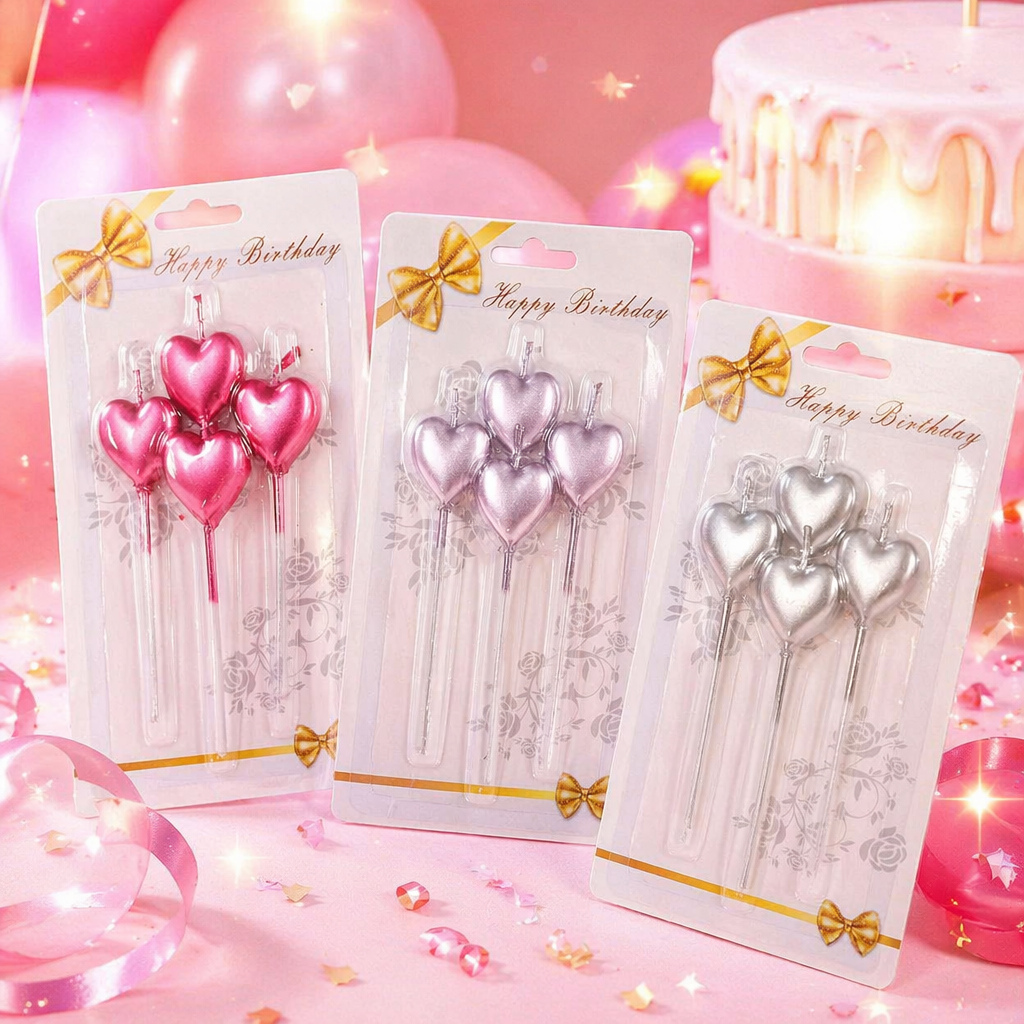 Three sets of heart-shaped birthday candles in pink, light purple and silver, with a "HappyBirthday" bow and plastic packaging Specification image