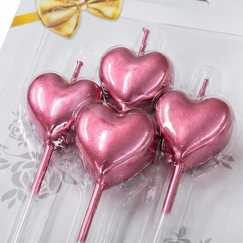 Three sets of heart-shaped birthday candles in pink, light purple and silver, with a "HappyBirthday" bow and plastic packaging Application Scenario
