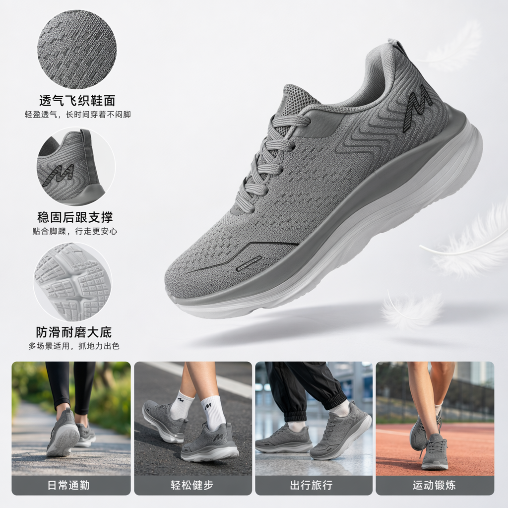 Breathable mesh cushioning sports shoes are available in gray, dark blue, military green, dark gray and black