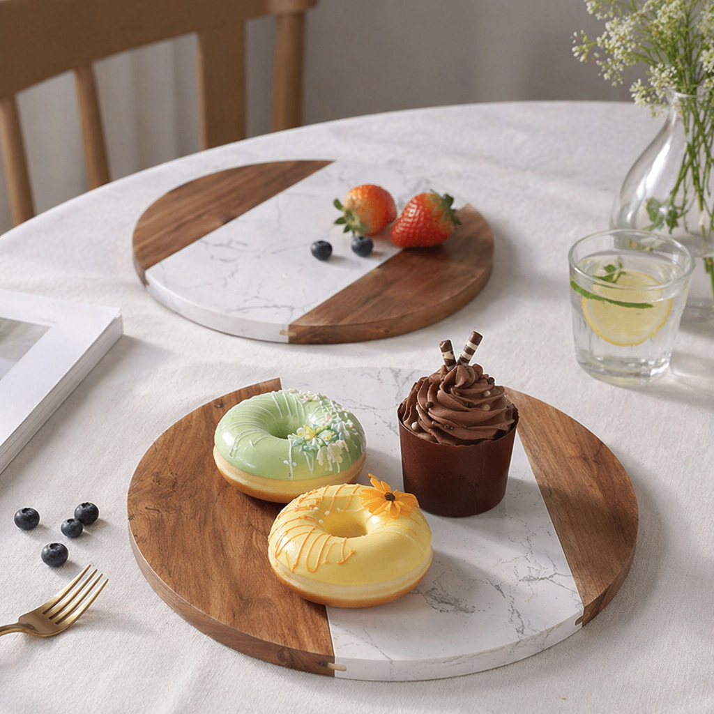 Cake turntable, round marble cutting board, spliced acacia wood kitchen light luxury tray, baking turntable, cross-border special supply details Picture