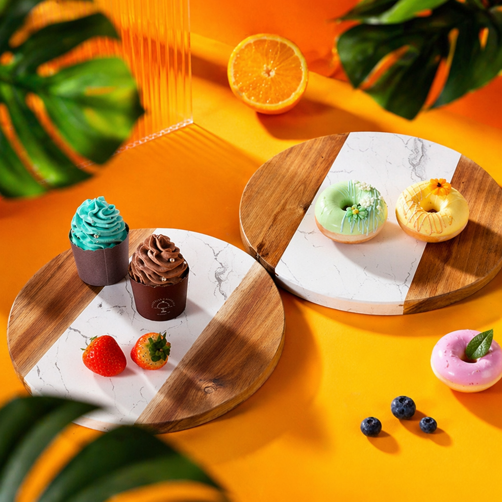 Cake turntable, round marble cutting board, spliced acacia wood kitchen light luxury tray, baking turntable, cross-border special supply Specification image