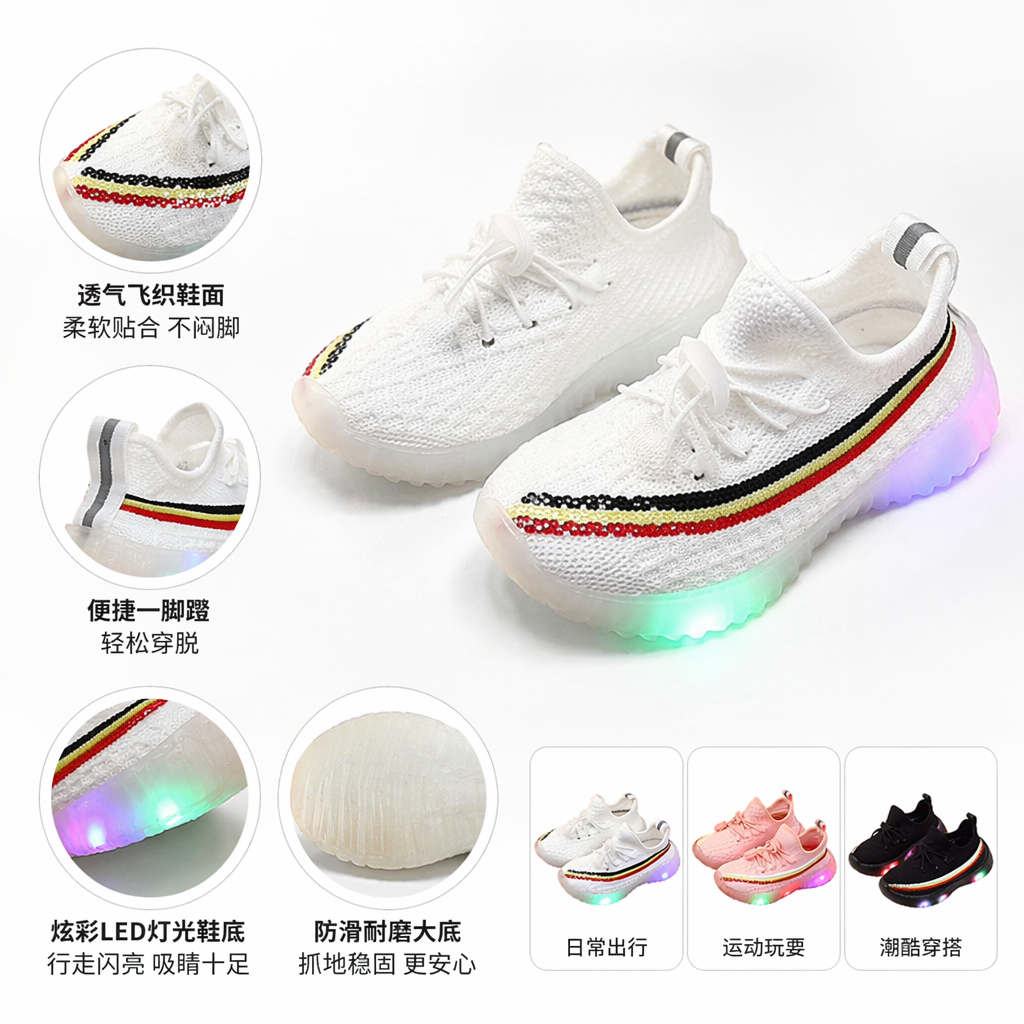 彩色LED亮灯童鞋三色装 黑白粉运动鞋鞋底发光木质圆桌展示