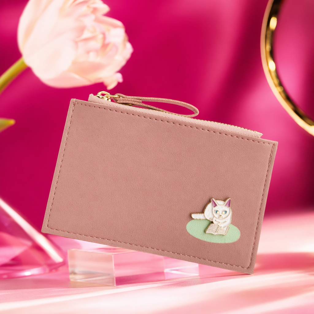 A cute and girlish leather wallet with a pink wallet and a white cat book badge Specification image