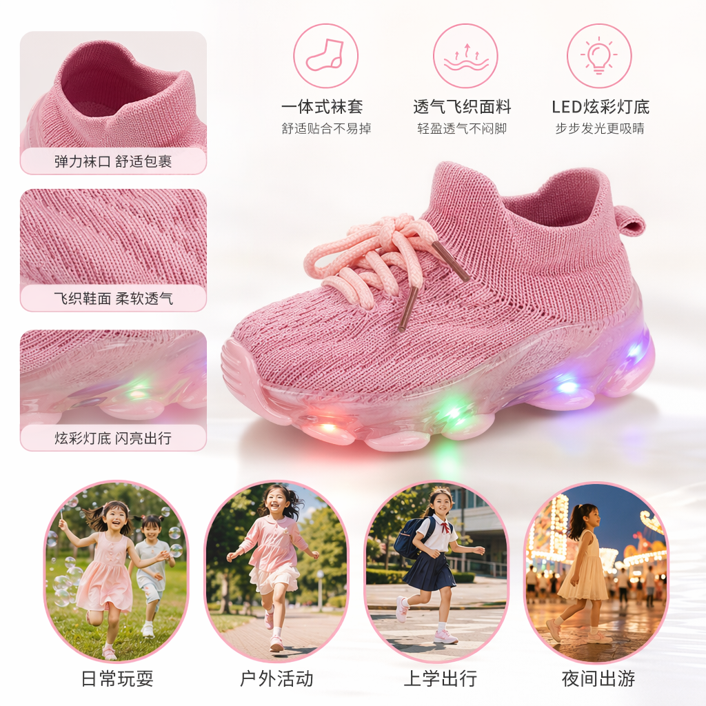 彩色发光童鞋 儿童夜光运动休闲鞋 舒适透气防滑耐磨