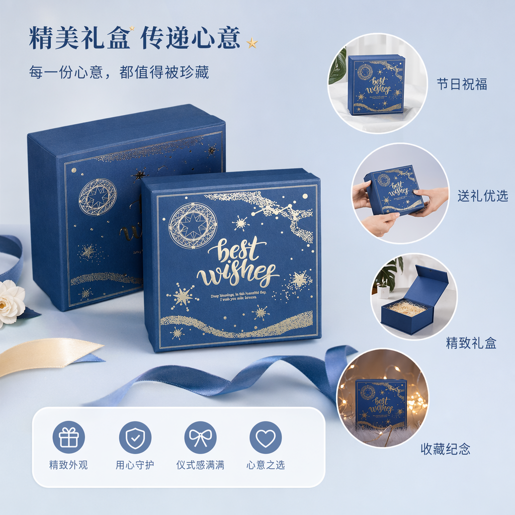 深蓝色礼盒配金色星形图案和best wishes字样装饰