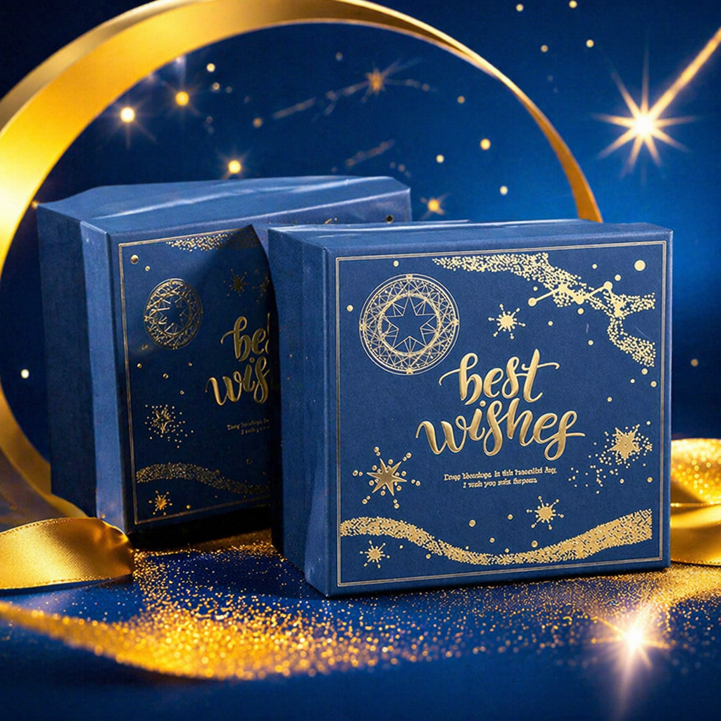 深蓝色礼盒配金色星形图案和best wishes字样装饰 Specification image