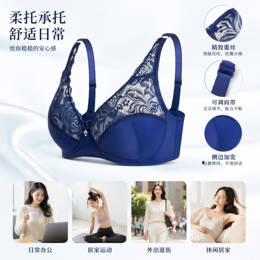 Deep blue lace non-ribbed gathering bra, comfortable and breathable women's underwear