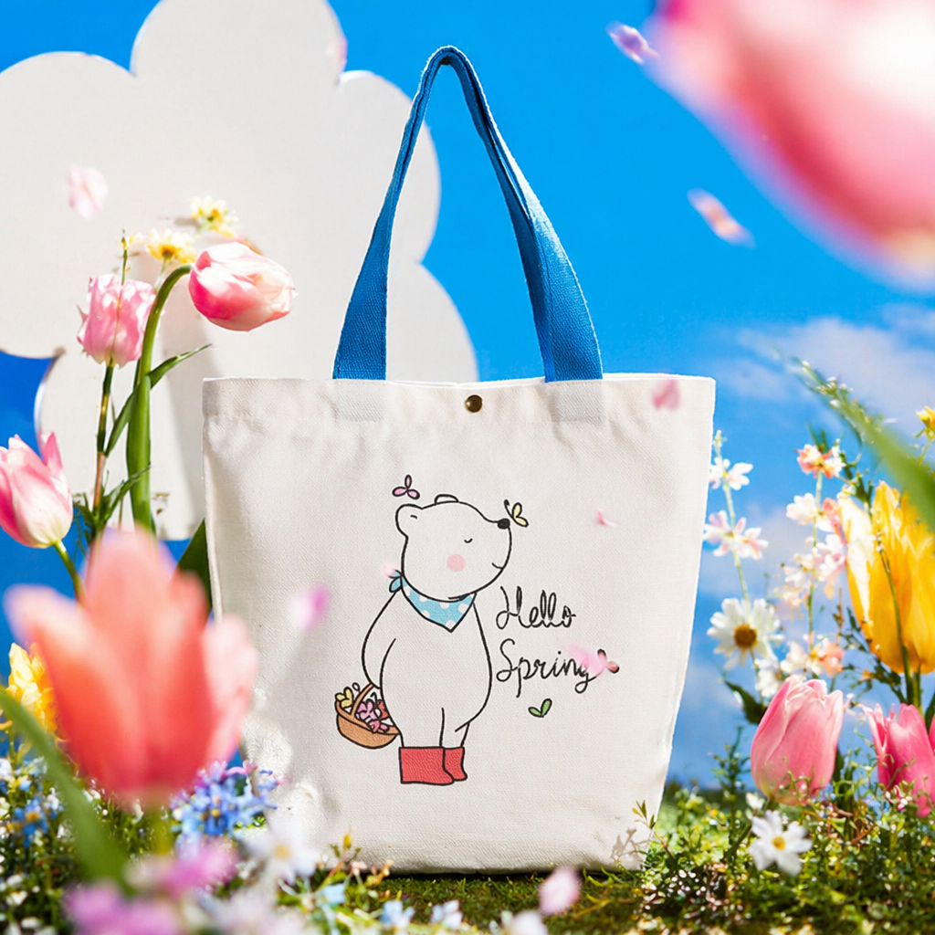 White canvas bag, cartoon bear, simple handbag, fashionable and versatile commuting shopping bag Specification image