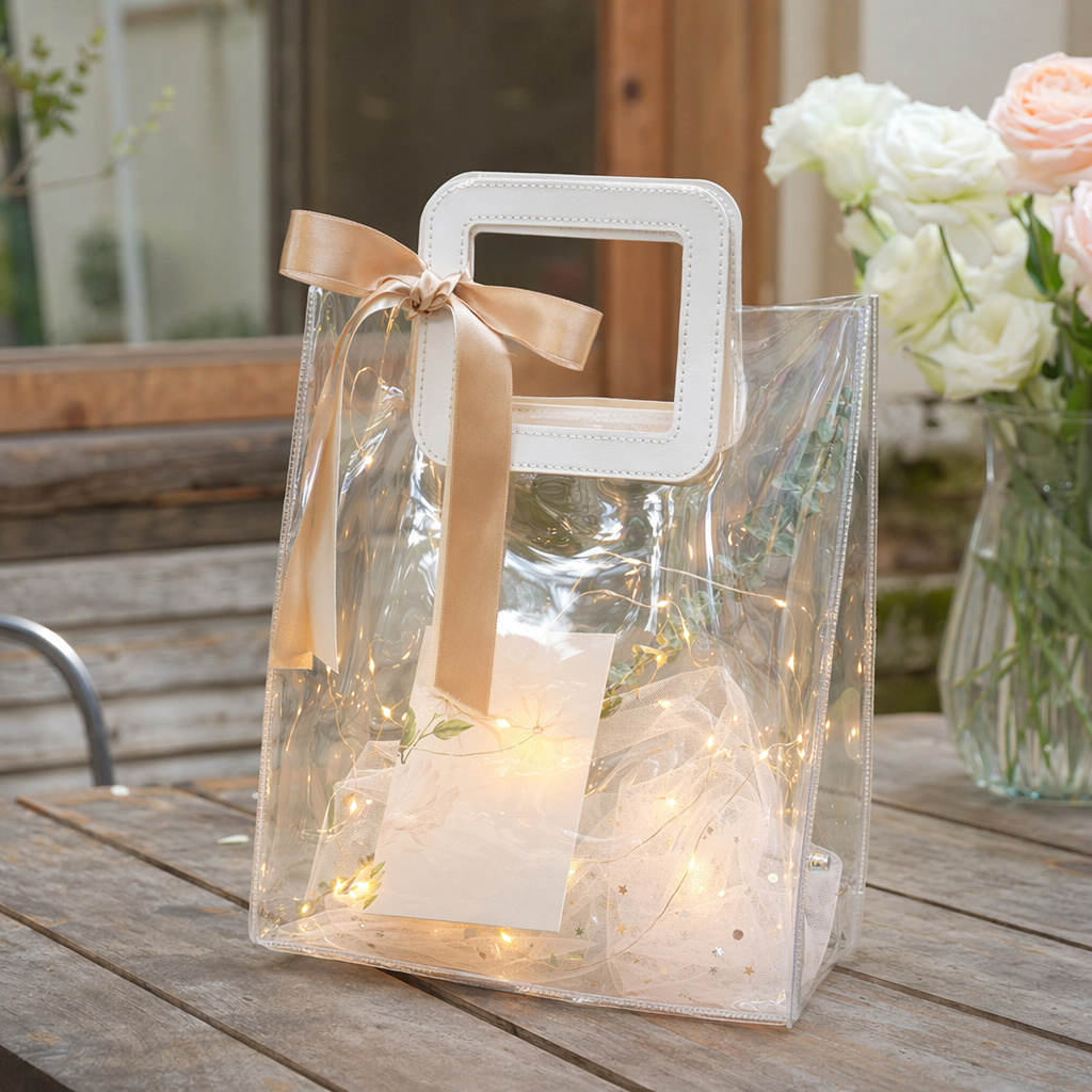 Transparent handbag with light strings, green plants, cards, gauze, white square handle, champagne-colored silk strap details Picture