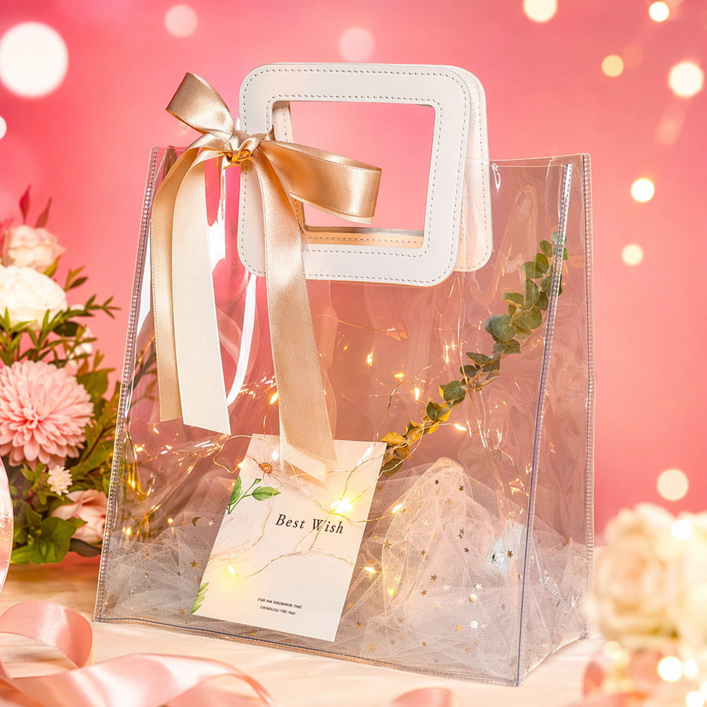 Transparent handbag with light strings, green plants, cards, gauze, white square handle, champagne-colored silk strap Specification image