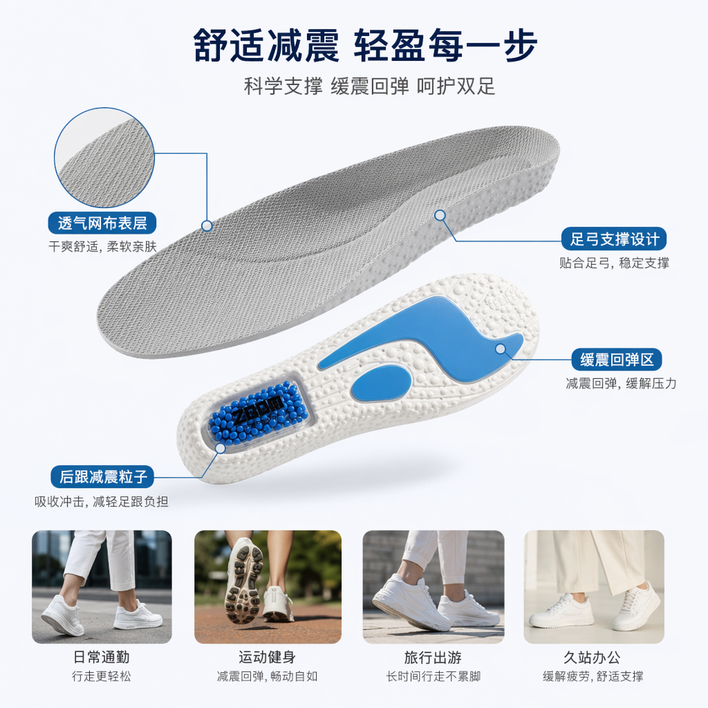 灰白蓝配色运动鞋垫 透气减震防滑舒适足弓支撑