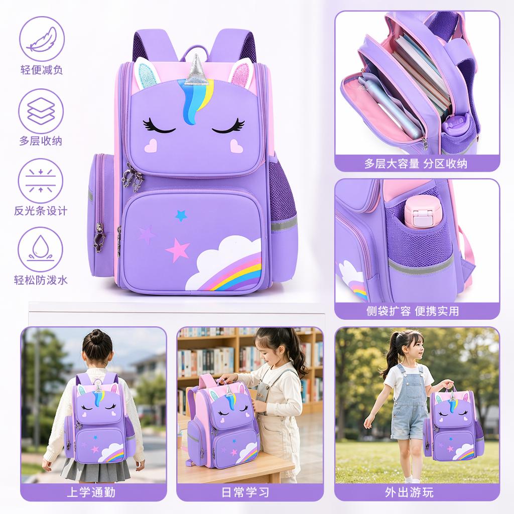 彩色儿童书包可爱卡通轻便大容量小学生双肩背包