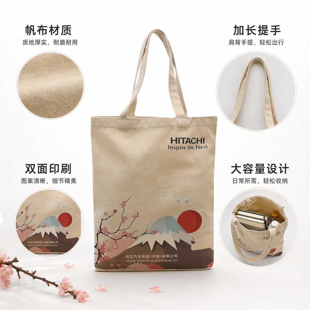 米色帆布袋富士山樱花红太阳汽车图案日立汽车系统Inspire the Next