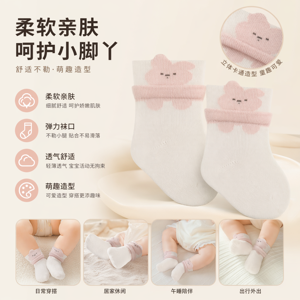粉色小兔图案婴儿纯棉袜子新生儿宝宝袜 0-6个月