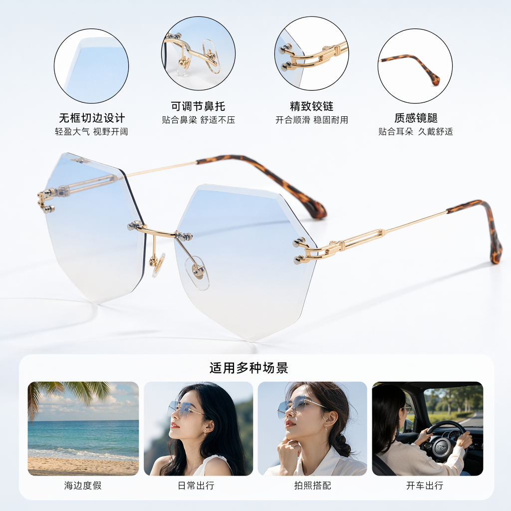 金色边框玳瑁色镜腿蓝白渐变六边形太阳镜图