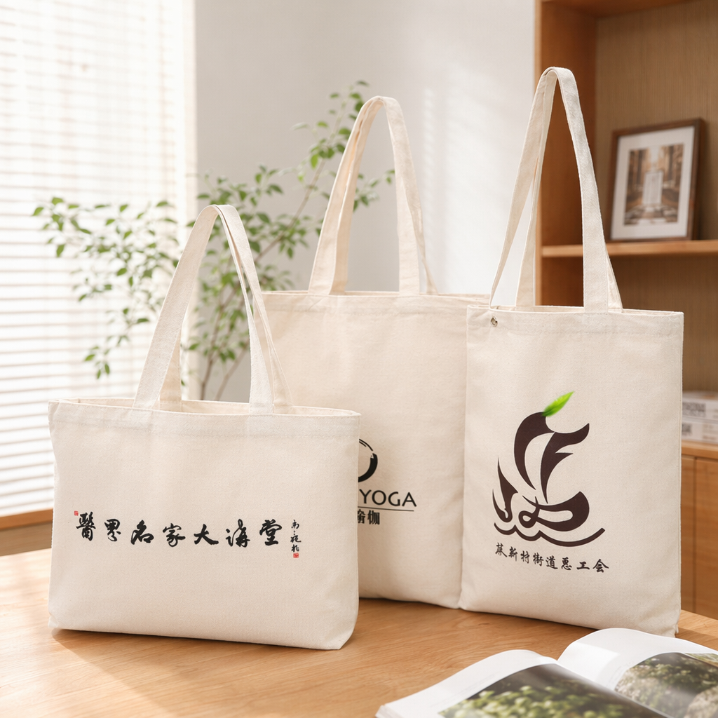Three beige canvas bags containing YOGA calligraphy, abstract graphics, long handles, light blue gradient background details Picture
