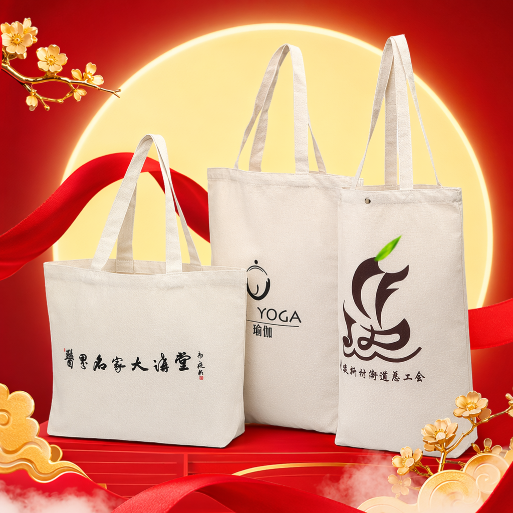 Three beige canvas bags containing YOGA calligraphy, abstract graphics, long handles, light blue gradient background Specification image