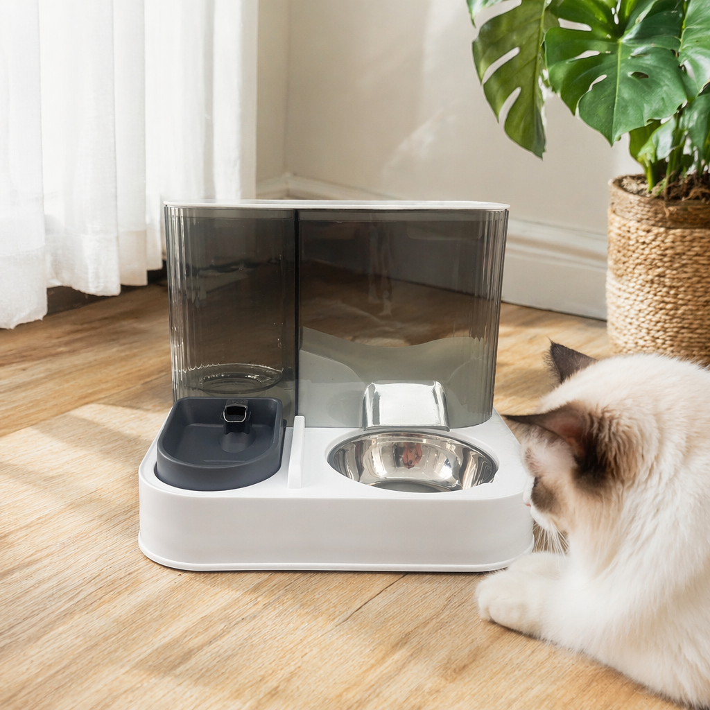 A white automatic pet feeder with a grey drinking tray and stainless steel food bowl details Picture