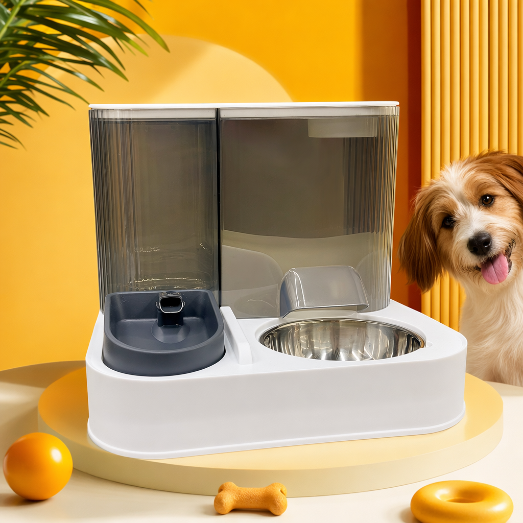 A white automatic pet feeder with a grey drinking tray and stainless steel food bowl Specification image