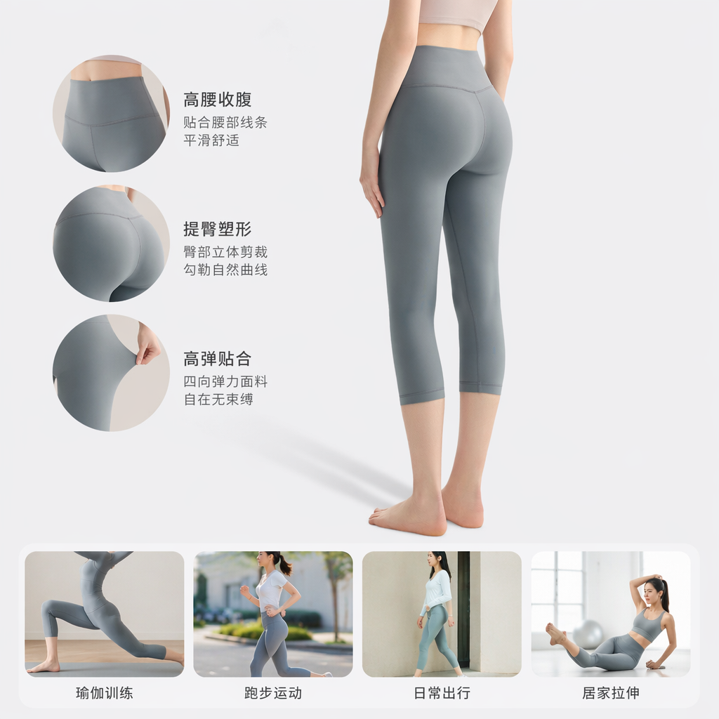 灰色七分瑜伽裤 女士高弹力修身显瘦运动休闲裤 模特同款