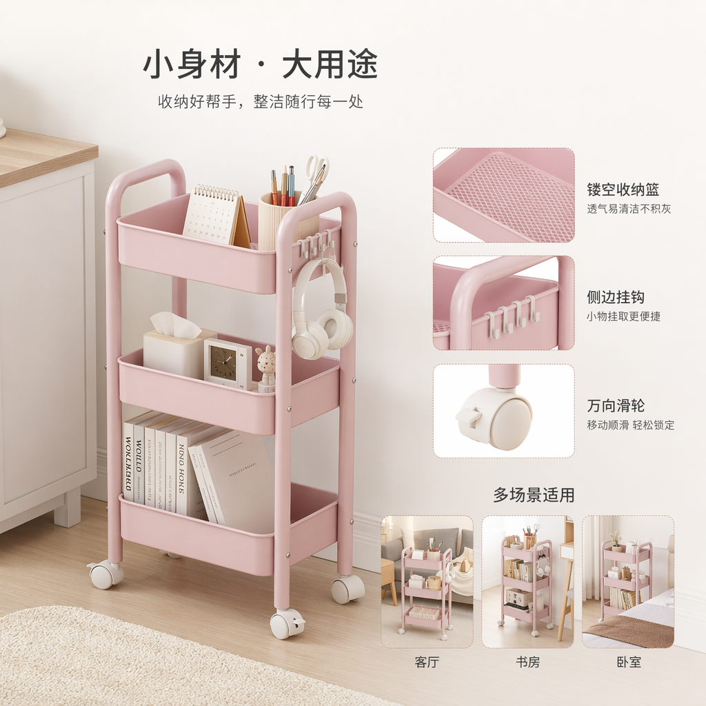粉色三层置物架免打孔浴室厨房收纳架承重强可移动